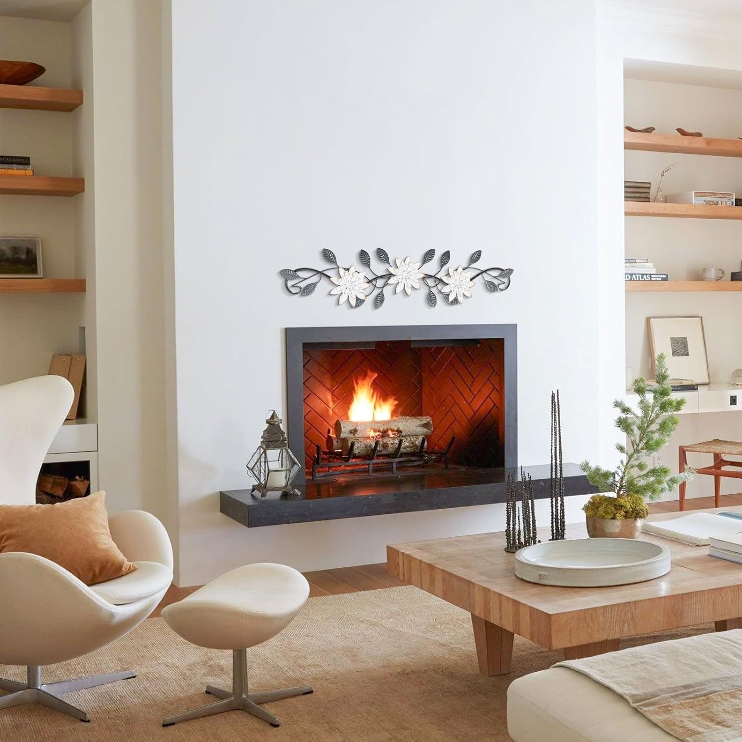 KHJCXS Metal Wall Art Modern Minimalist Metal Flowers Indoor Decor Horizontal Wall Art Iron Artwork,for Over Door,Bedroom,Living Room,Kitchen,Office Scroll Decor (White3)