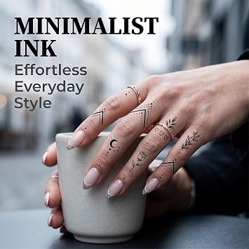 18 Sheets Fashion Y2K Geometric Lotus Arrow Temporary Tattoos For Men Women Adults Finger Hands, Waterproof Realistic Tiny Rose Flower Leaf Fake Tattoos Black Small Butterfly Sun Moon Tatoo Stickers