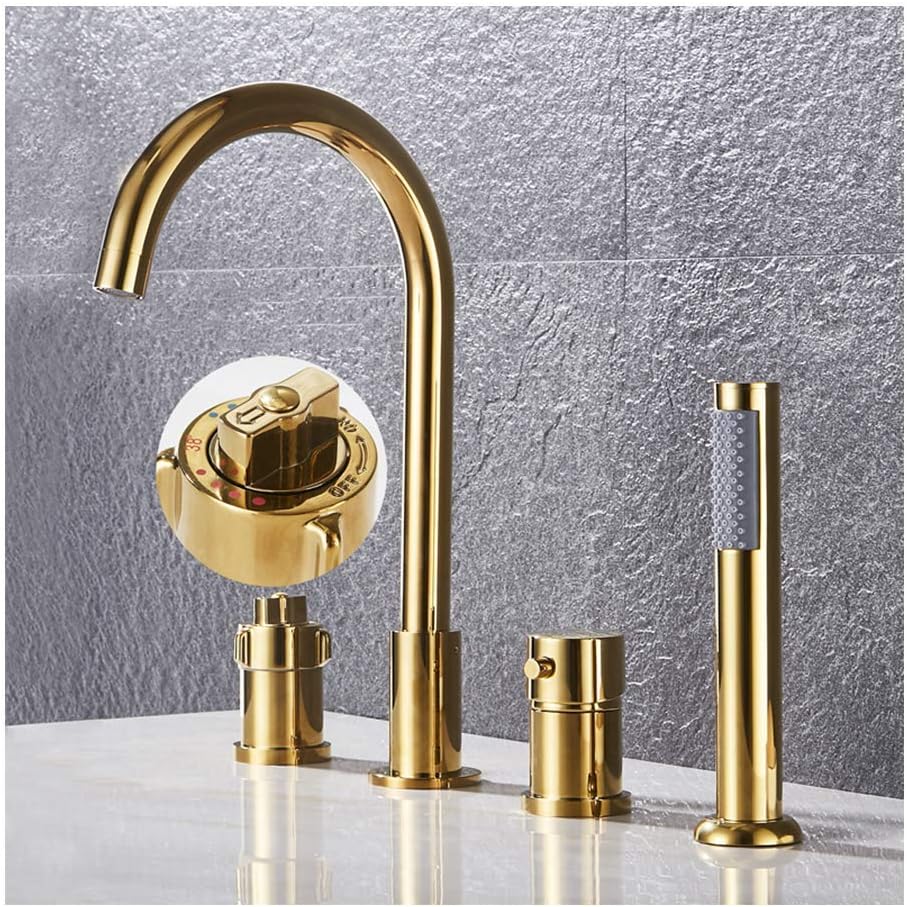 LUNEZY Thermostatic Tub Filler Faucet with Handheld Shower Head, Widespread Tub Faucet Set Deck Mount Bathtub Faucet 4 Holes Tub Tap for Bathroom,Gold