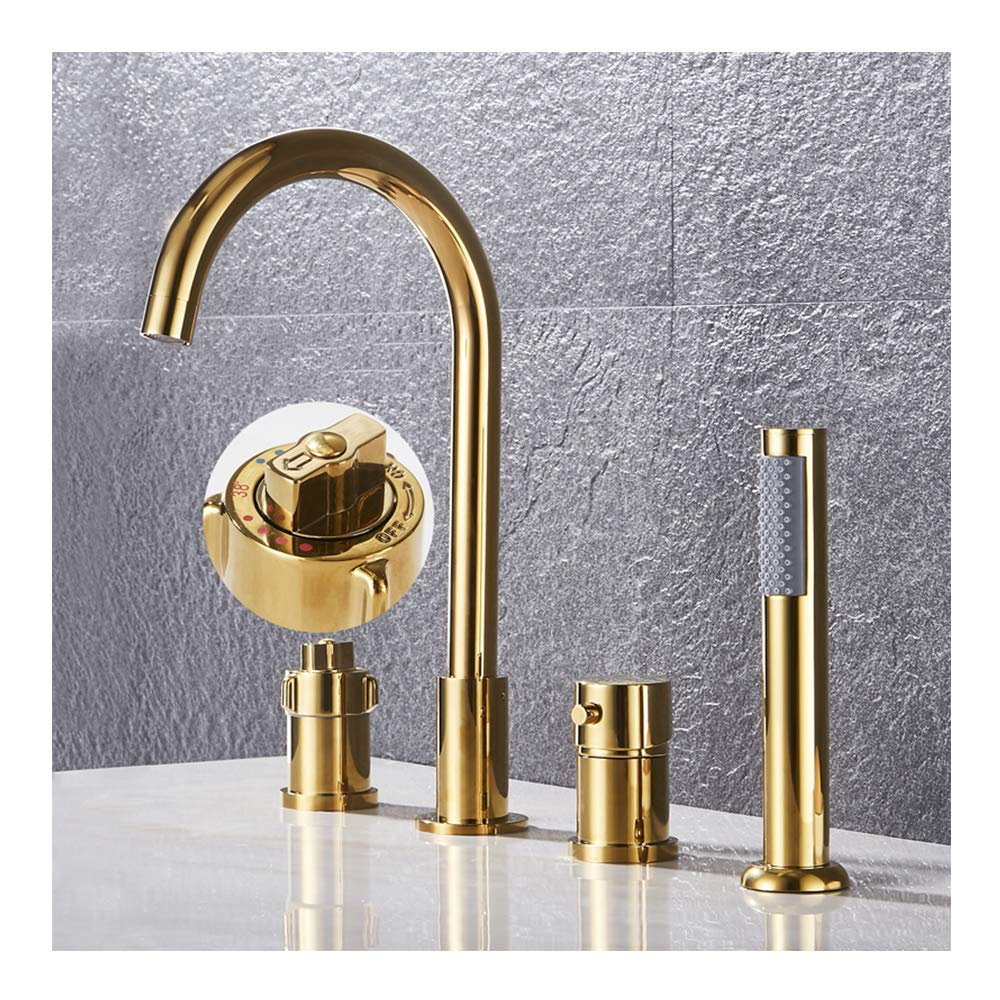 CWCQGH Thermostatic Tub Filler Faucet with Handheld Shower Head, Widespread Tub Faucet Set Deck Mount Bathtub Faucet 4 Holes Tub Tap for Bathroom,Gold,Gold