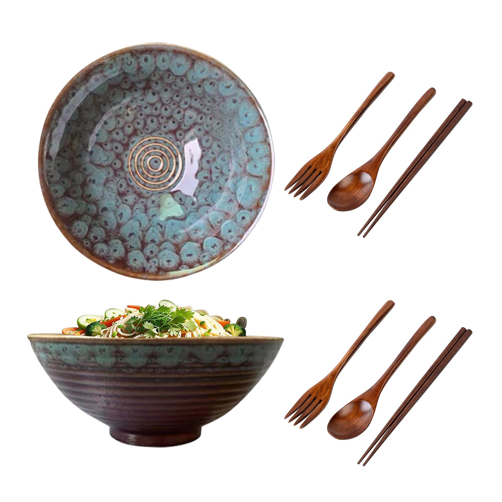 Zestaw 2 ceramicznych misek ramen z pałeczkami widelec i łyżka 1200 ml zestaw misek na zupę i makaron do kuchenki mikrofalowej bezpieczny makaron przekąski i salaterki wzór pawia ogon