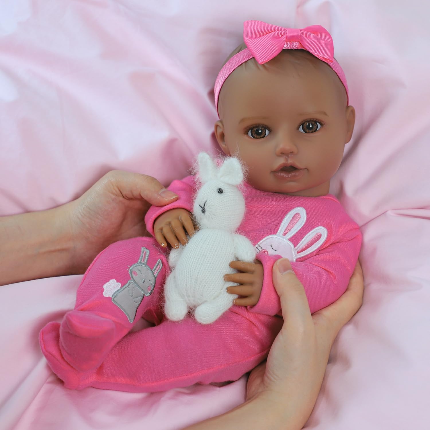 SCOM Baby Dolls Black Girl - 16 Inch Realistic Soft Body Baby Doll Cute Real Life Baby Dolls with Bunny Clothes and Accessories for Ages 3+ Kids Gifts, Pretend Play, Collection