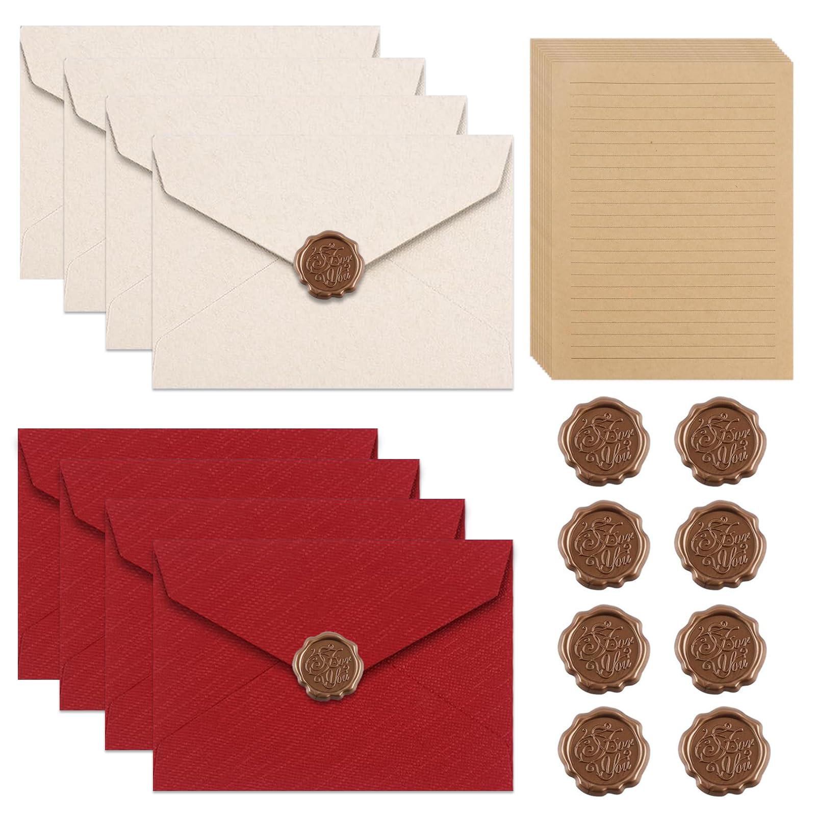Set Carta da Lettere Vintage 36 Fogli A5 con 8 Buste Lino e Sigilli Cera Kraft