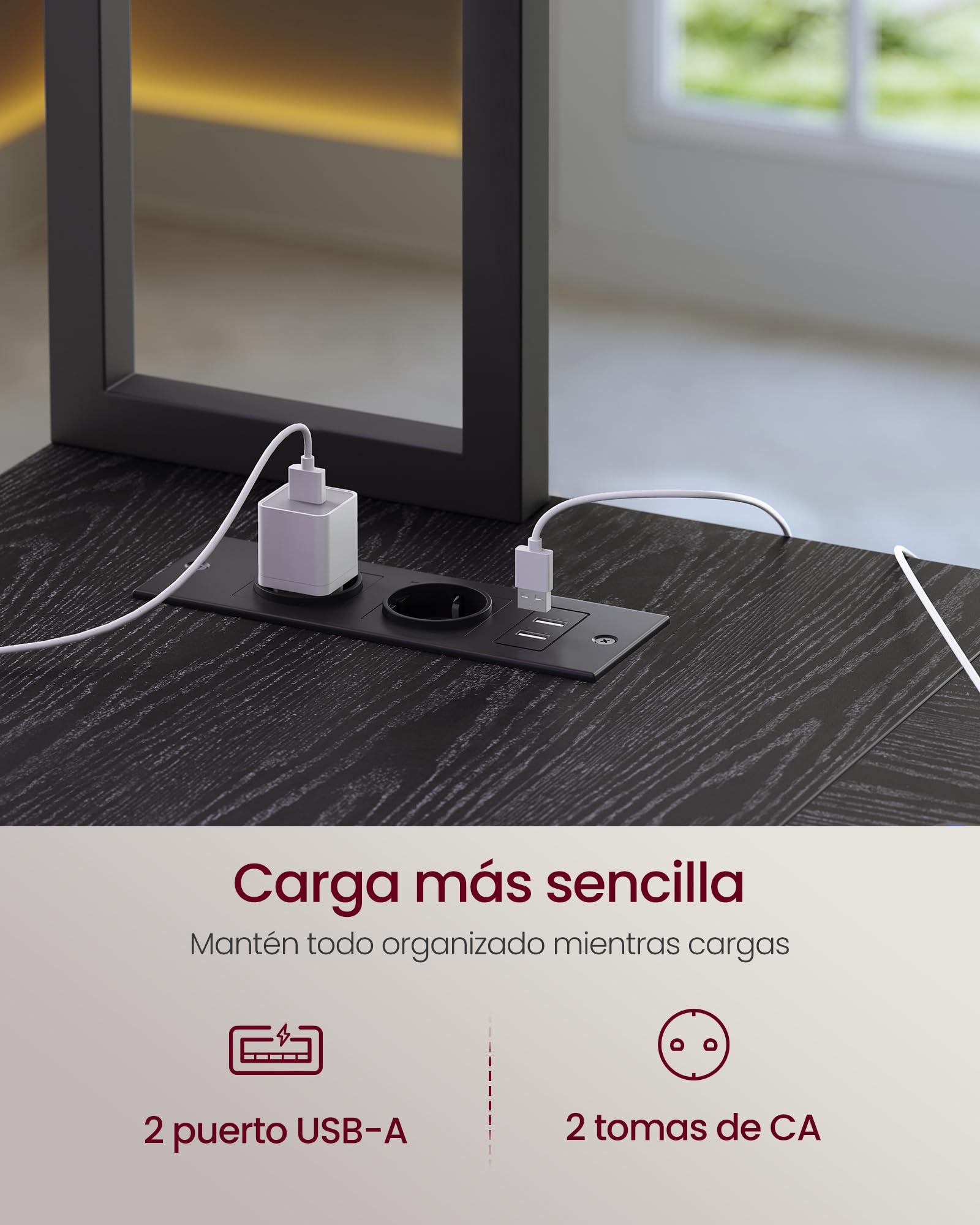 VASAGLE Escritorio en Forma de L, con Enchufes, Luces LED, Cajones y Soporte para Monitor, 140 x 100 x 150 cm, Negro, para Oficina en Casa y Gaming, Colección Barnet LWD162B101