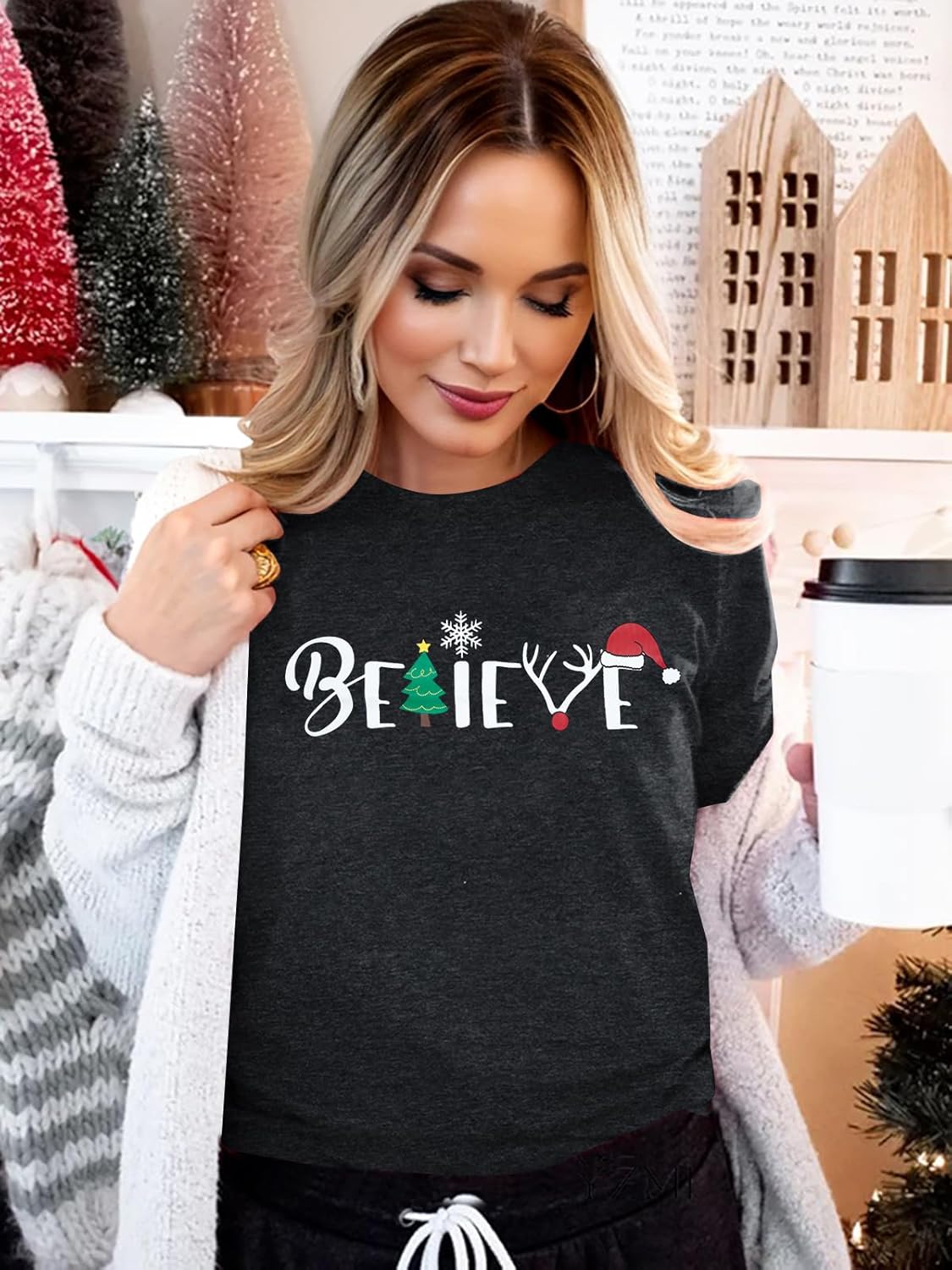 Christmas Shirt for Women Believe Letter Print T Shirts asual Retro Holiday Short Sleeve Pullover Tops Xmas Gift Large Gray