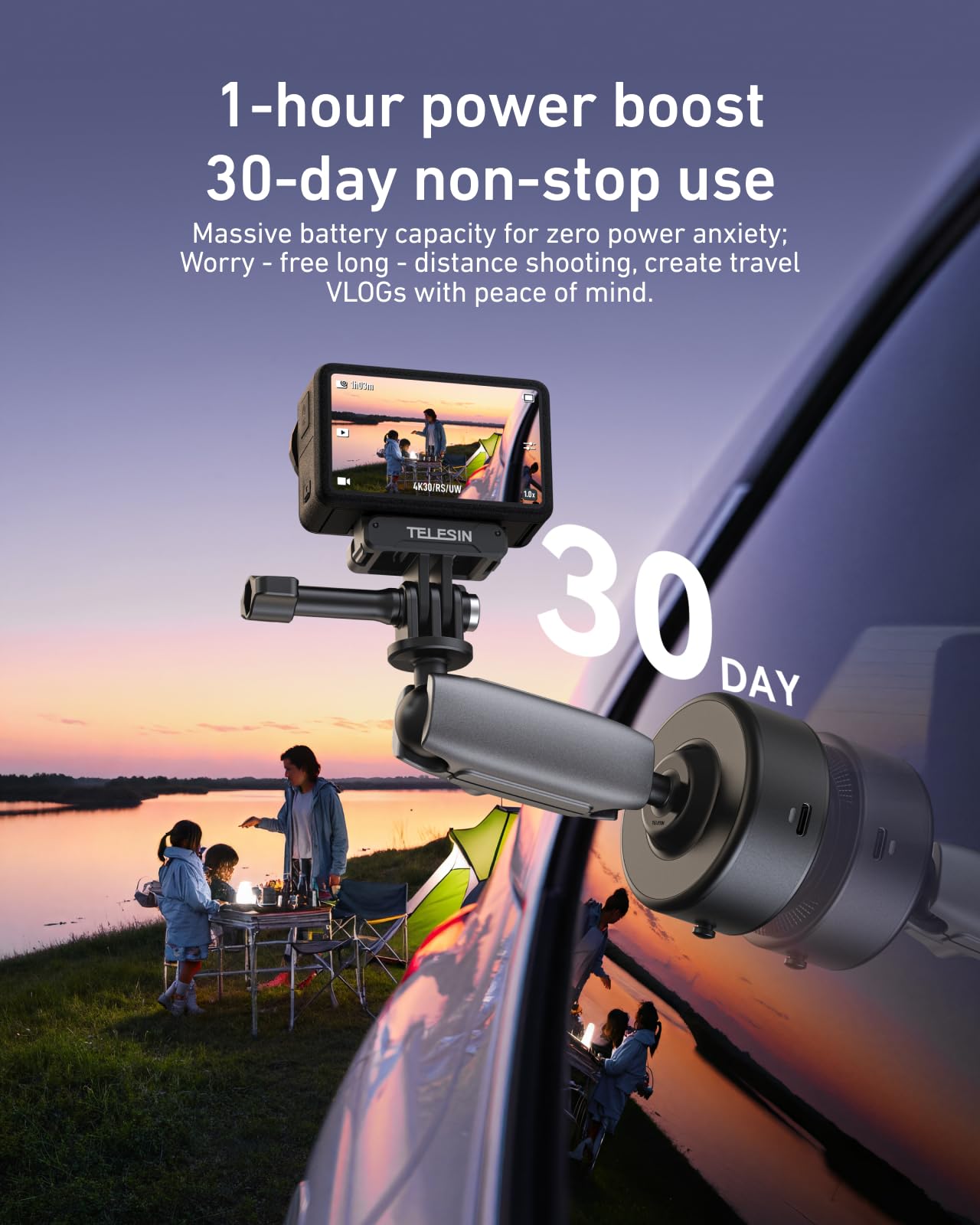 TELESIN Soporte de coche eléctrico con ventosa para DJI Action 6, 5 Pro/4, GoPro Hero 13/12/11, Insta360 X5/X4, ventosa para parabrisas y salpicadero, brazo ajustable de 360°