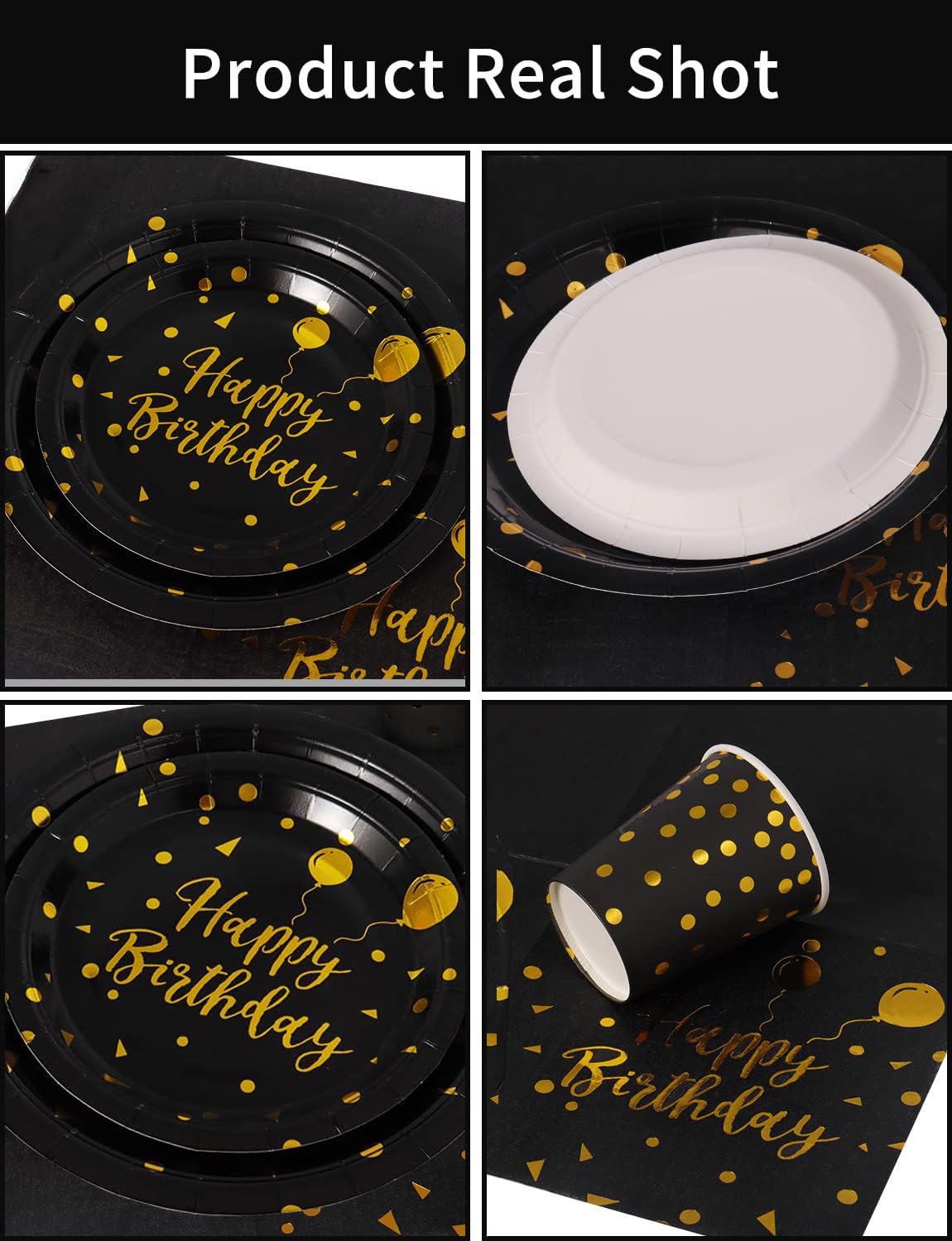 Nkaiso Compleanno Stoviglie per Feste, 20 Ospiti Nero Oro Stoviglie Carta Set Include Piatti di Carta Tovaglioli Tazze Riutilizzabili Stoviglie Decorazioni per Feste per Bambini