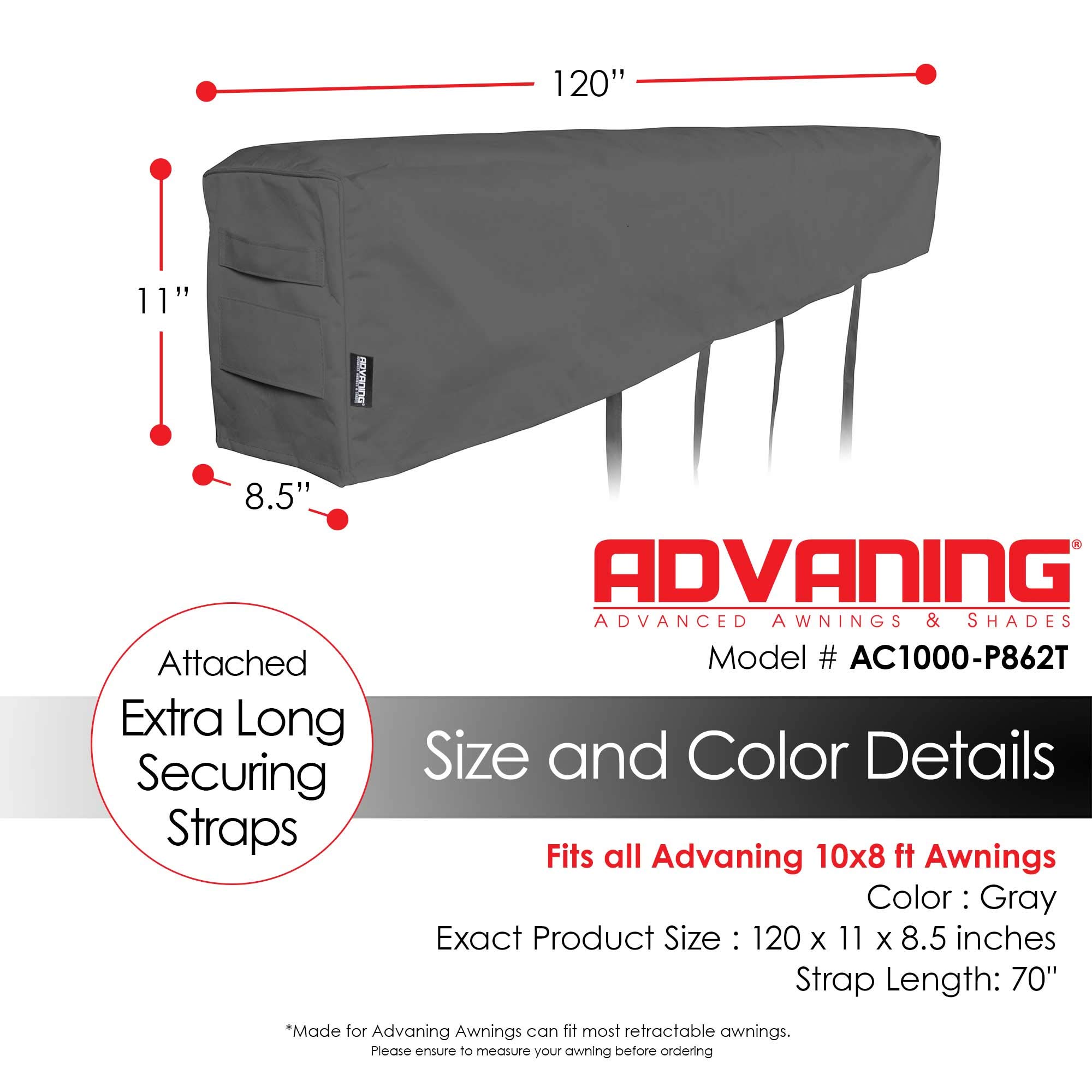 ADVANING AC1000-P862T - Funda Protectora para toldos retráctiles de 10 pies de Ancho, Tela de poliéster Resistente a la Intemperie, 10 pies, Gris