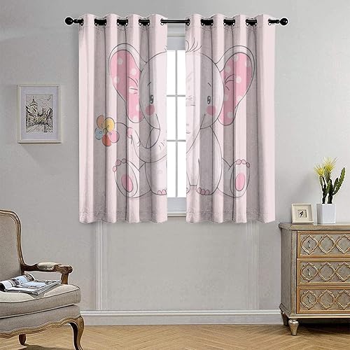 Miniatura 7 de Zmcongz Paneles opacos de elefante de dibujos animados para guardería, decoración del hogar, elefante rosa y flores, aislamiento térmico, ojales