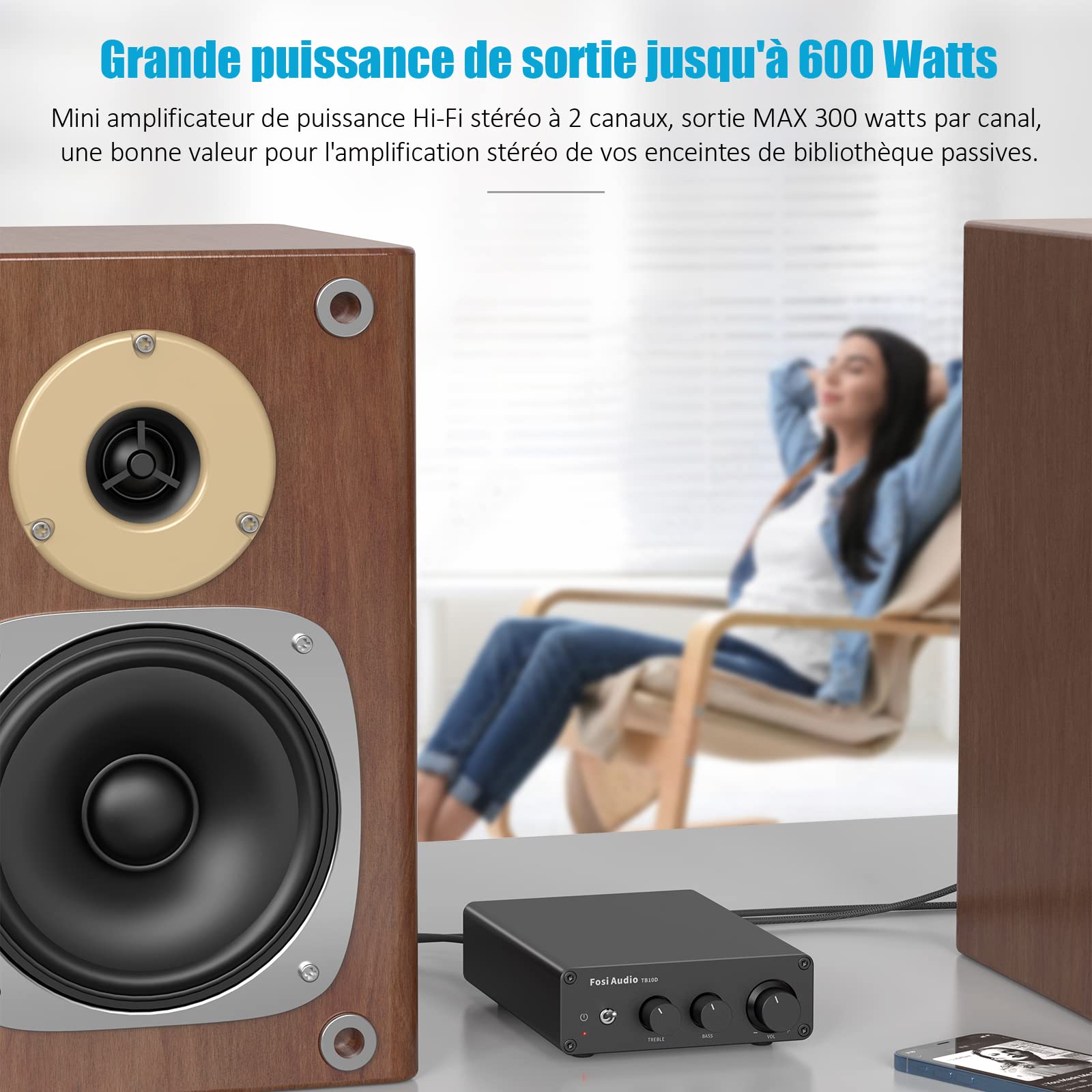 Fosi Audio TB10D 600 Watts TPA3255 Mini amplificateur HiFi Stéréo Classe D Ampli Récepteur Audio 2 canaux intégré pour Haut-parleurs passifs avec contrôle des aigus et des Basses
