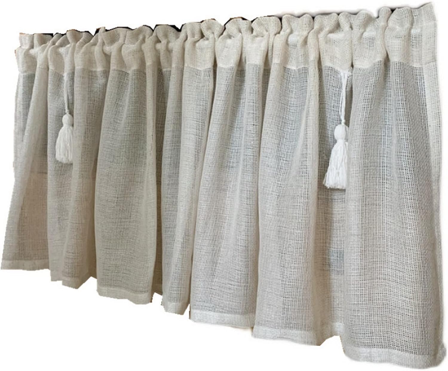 Semi-Transparent Retro Solid Beige Linen Textured Short Kitchen Curtain Under The Sink Door Curtain Cabinet Curtain with Tassels Rod Pocket