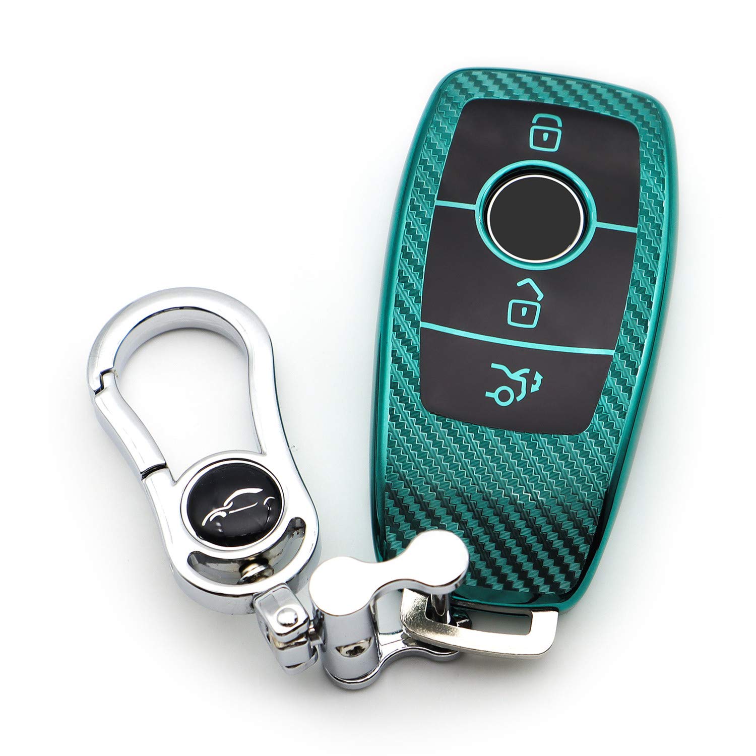 Soft Carbon Fiber Finish Car Key Fob Cover for Mercedes-Benz 2019-2022 A Class C Class G Class 2017-2022 E Class 2018-2021 S Class Electroplated TPU Case with Metal Keychain - Green