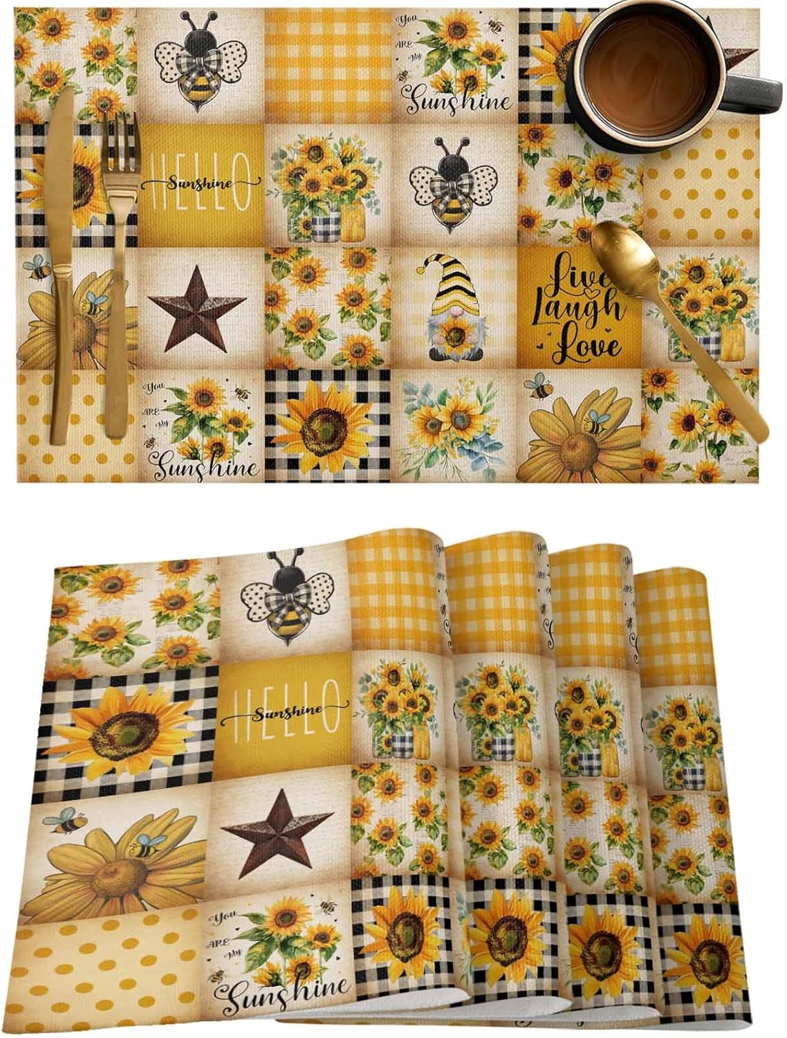 Farmhouse Placemats for Dining Table Yellow Plaid Bee Gnome Sunflower Table Mats Washable Modern Outdoor Indoor Placemats for Home Party Wedding Holiday Decor, Set of 6