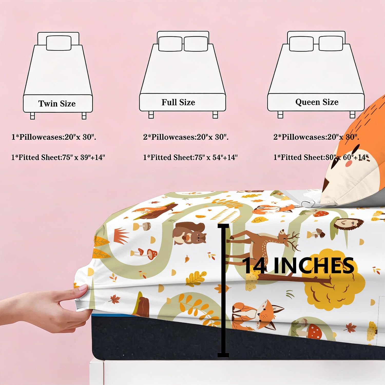 Yasida Queen Kids Sheets Fox Forest Animal Fitted Sheet 3D Fox Pillowcase Washable Queen Sheets Set Kid Animals Forest Bedding Sheet Soft Microfiber(1*Sheet+2*Pillowcase)