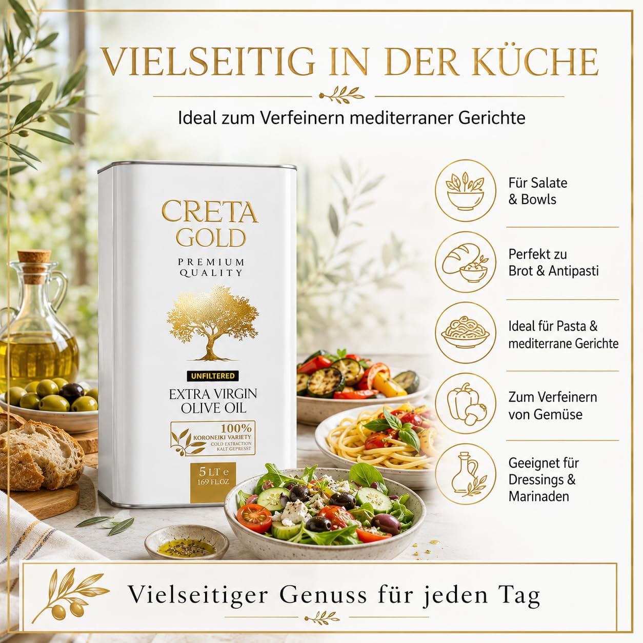 Olivenöl Kreta Kanister 5 Liter | Extra Virgin Olive Oil - Griechisches Olivenöl Kaltgepresst - 100% Koroneiki Oliven - Ungefiltert & Naturtrüb - Ohne Zusätze