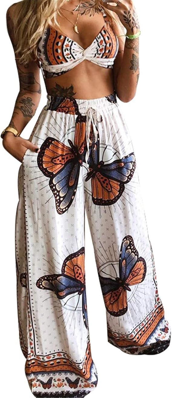 Women's 2 Piece Boho Summer Outfits Bohemian Floral Butterfly Print Sexy  Crop Tops Wide Leg Loose Palazzo Pants 2Pcs Set : Amazon.ca: Clothing,  Shoes u0026 Accessories