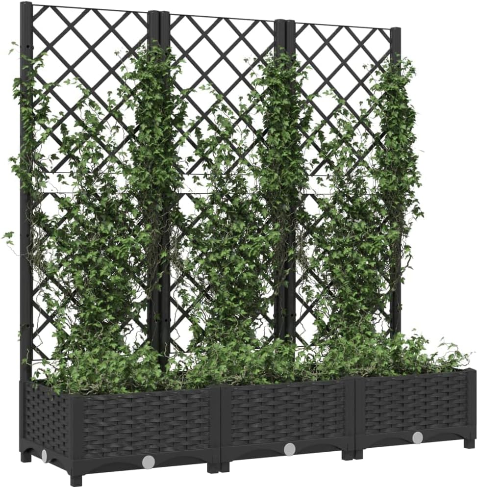 Large Black Polypropylene Planter with Trellis 47.2 x 15.7 x 47.8 in Matte Raised Garden Bed for Climbing Plants Outdoor Patio Balcony Terrace