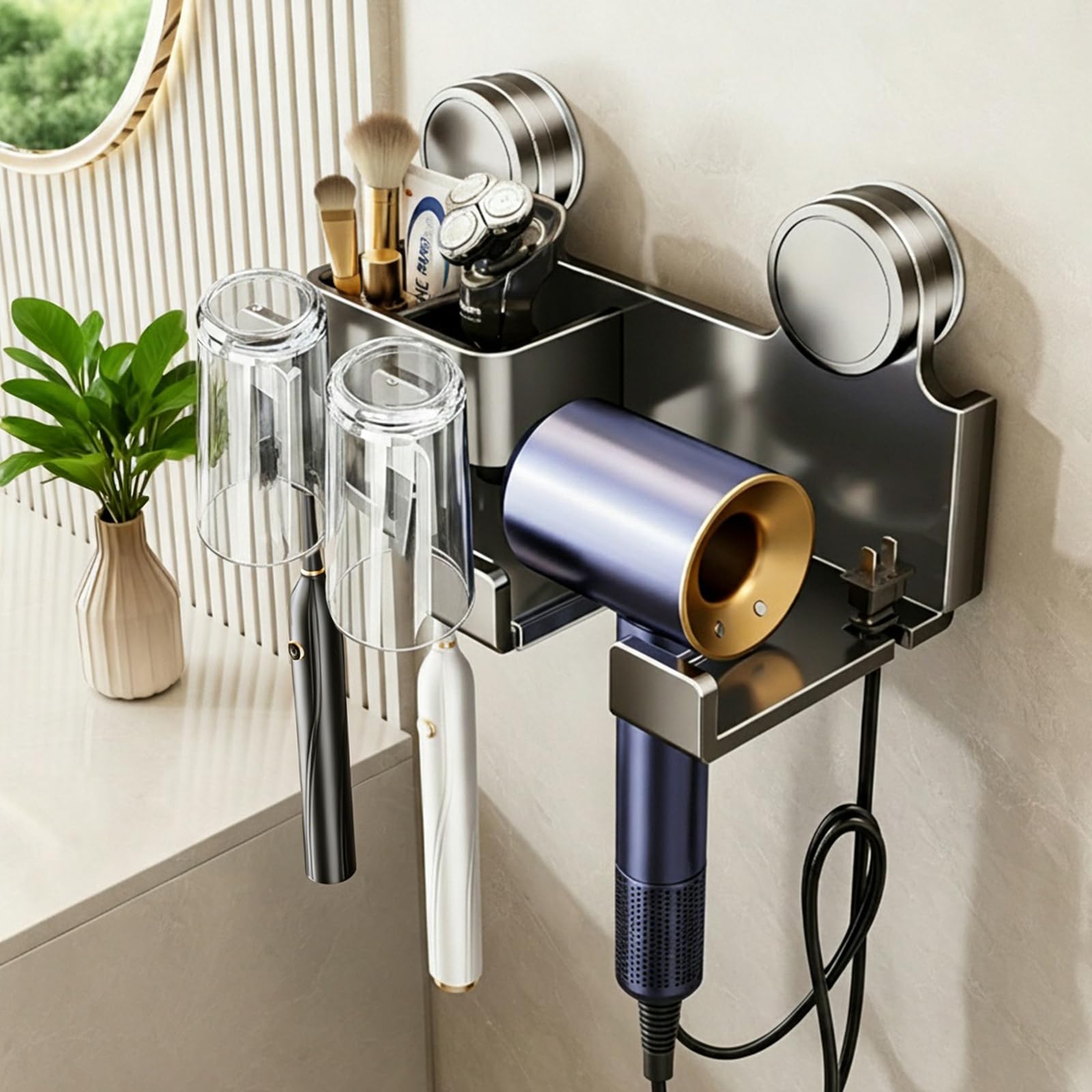 Toothbrush Holder with Hairdryer Holder Wall Mounted Electric Toothbrush Holder for Bathroom Organizer Storage Hanging Bracket Shower Razor Holder Self Adhesive Toothbrush Storage