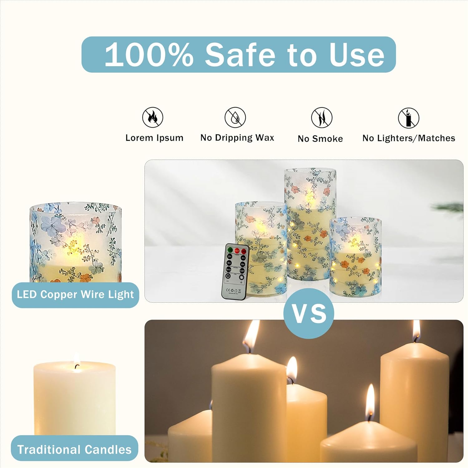 Printed Flameless Candles with String Lights - Set of 3 Battery Operated Candle Flickering Floral LED Pillar Candles with Timer Remote for Home Decor Romantic Ambiance,LT