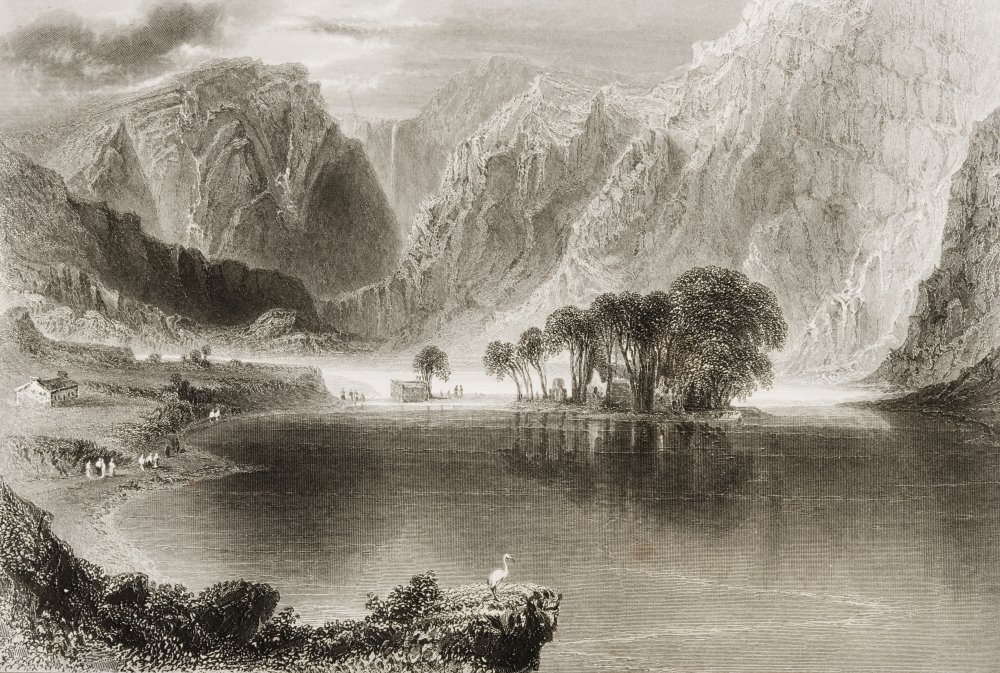 Gougane Barra Lake, County Cork, Irlanda. Disegnato da W.H.Bartlett, inciso da S. Bradshaw. Dallo scenario e dalle antichità dell'Irlanda_ da N.P. Willis e J. Stirling Coyne. Illustrated from Drawings