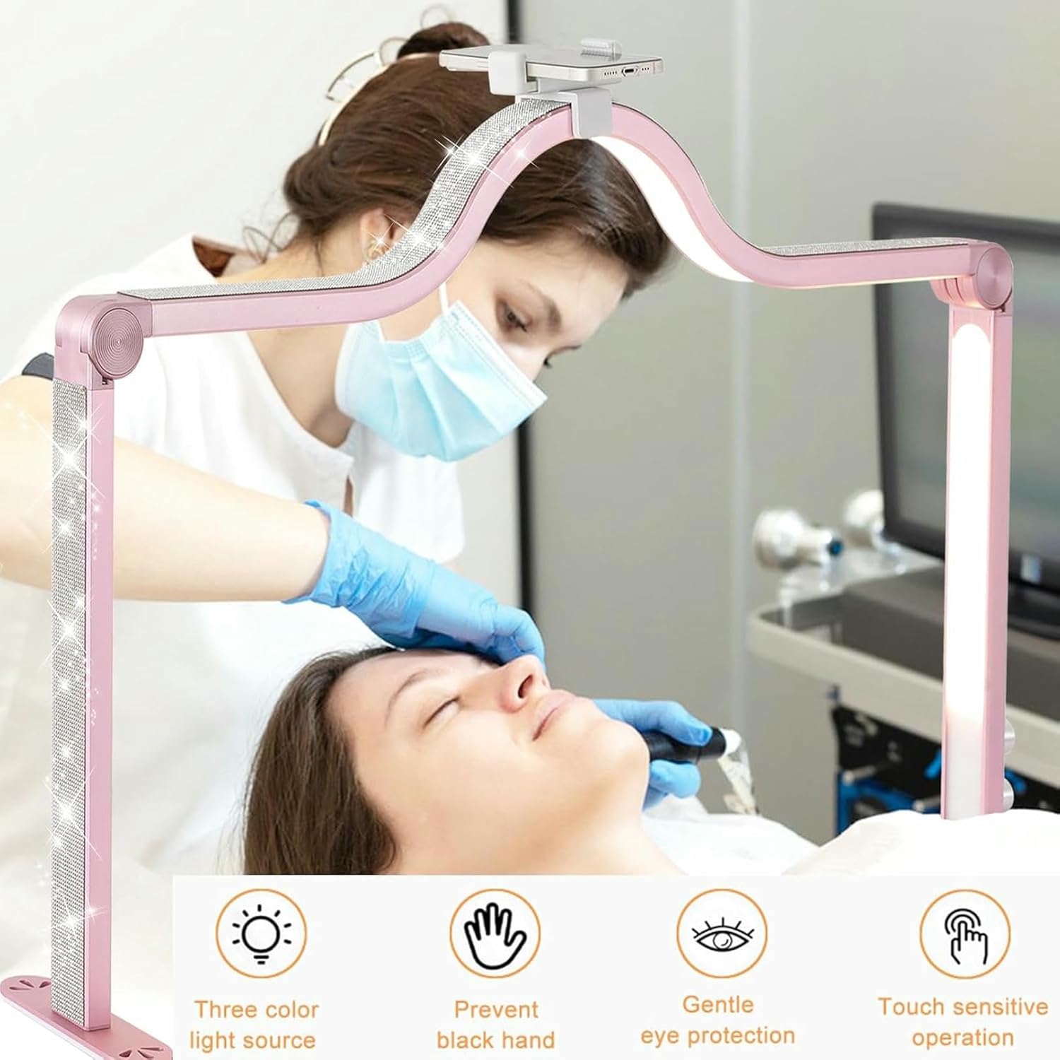 Half Moon Light with Phone Holder, 34 in Foldable Nail Tech Lamp, Lash Light for Eyelash Tech, Makeup, Spa, Salon, with Stepless Dimming & Color Temperature