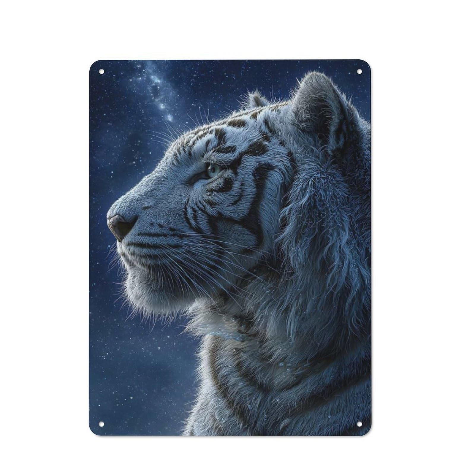 White Tiger Portrait Under Starry Sky Decorative Metal Plaque, Easy to Hang Plaque for Garden Shed, Covered Patio, Kitchen Or Hallway, 40x30cm