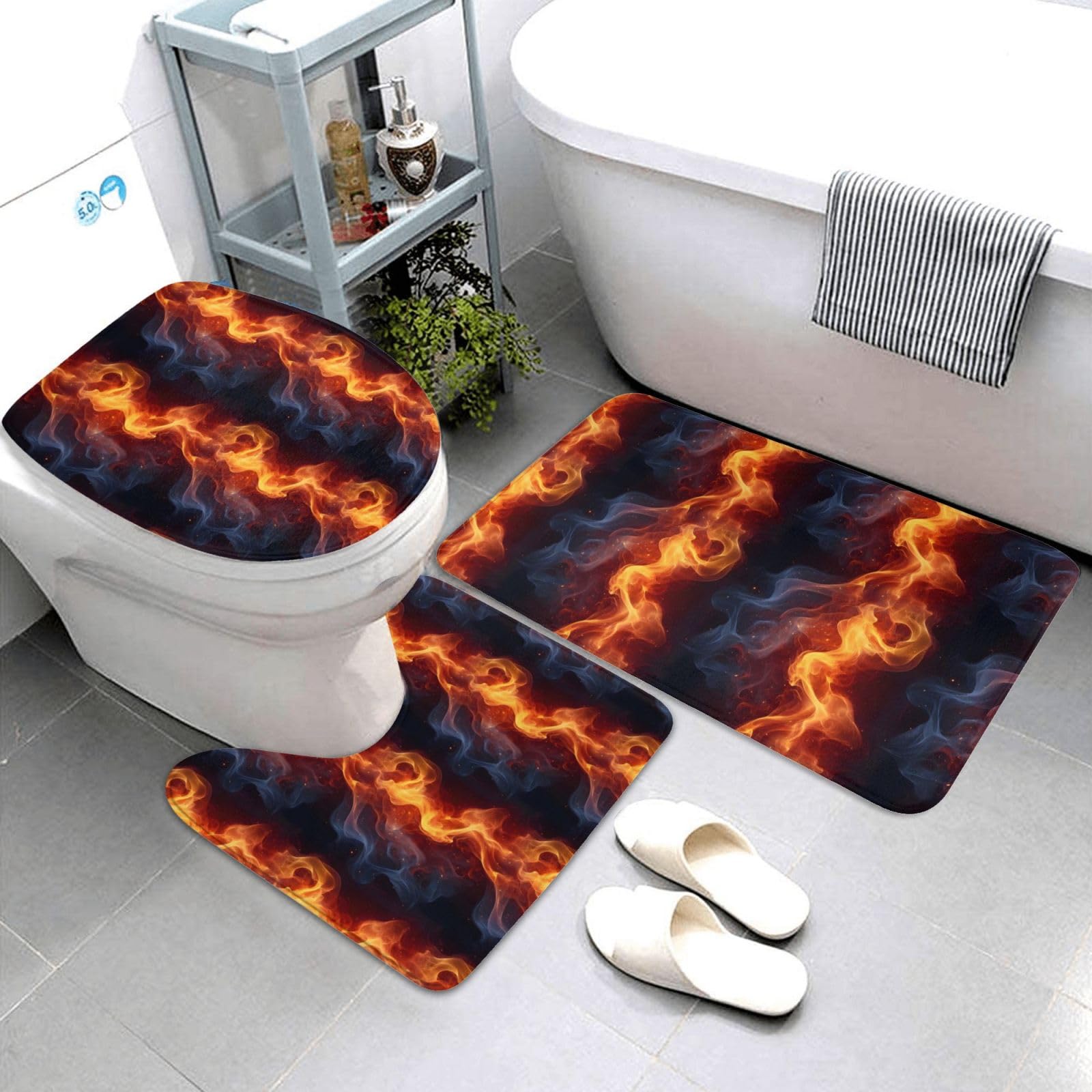 Tapis de bain absorbant et antidérapant lot de 3 motif flammes rouges avec contour WC