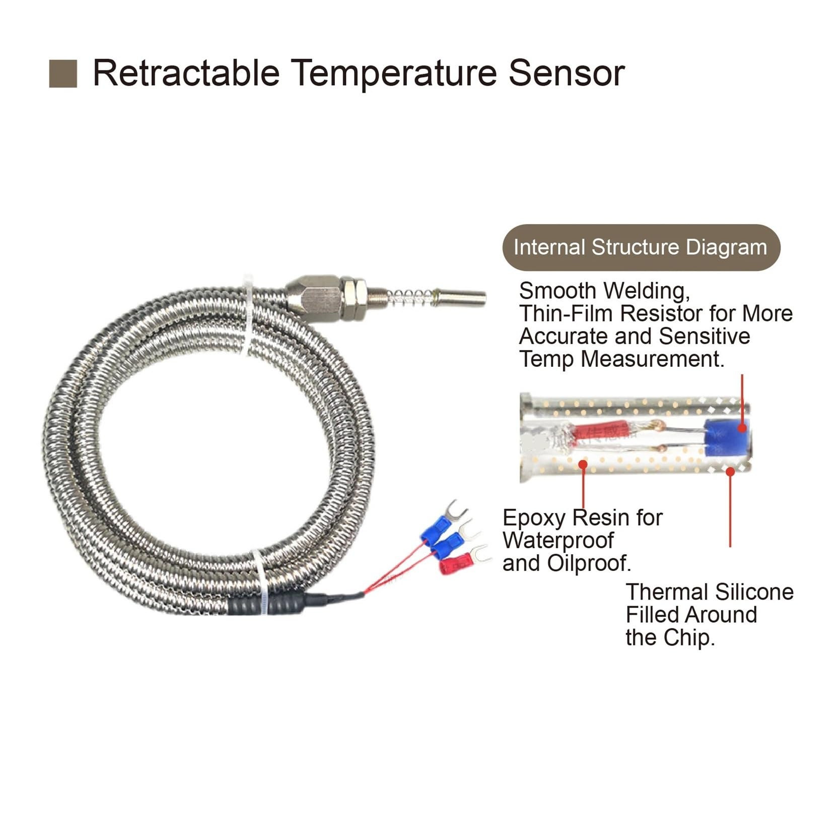 temperaturfühler 1 Stück PT100-Temperatursensor RTD-Sonde zur Messung der Motorlageroberfläche, Flexibles Metallschlauchdesign(M8-0.75mm 3m)