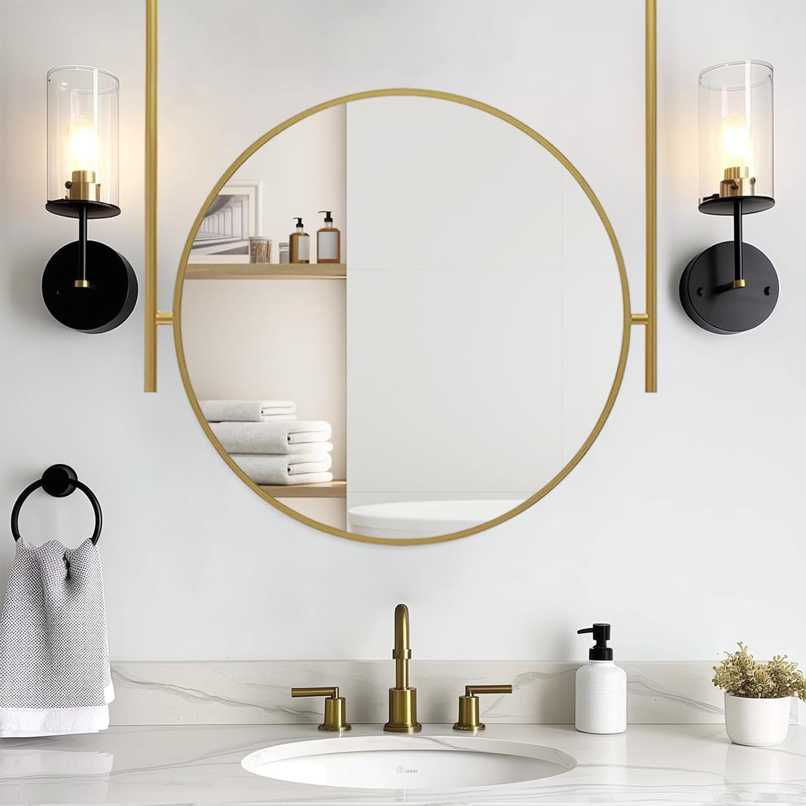 Miroir suspendu doré 60 cm au plafond avec cadre en métal et bras articulé pour salle de bain