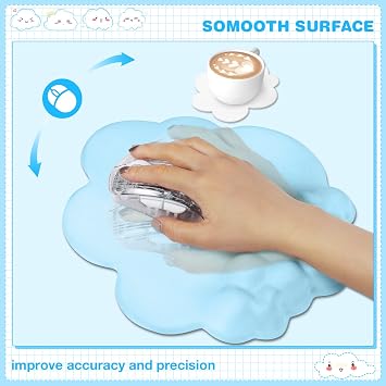 Cloud Keyboard Wrist Rest Mouse Pad Cup Coaster Set, Ergonomic Memory Foam Wrist Support Polyester Mouse Pads with Wrist Rest, PU Leather Non-Slip Base Rest for Computer Laptop Gaming Typing-Sky Blue