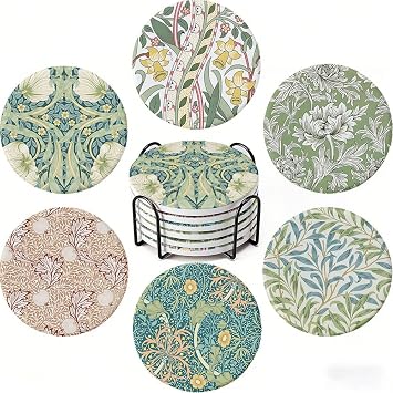 Floral Ceramic Coasters Set of 6 with Holder and Cork Base