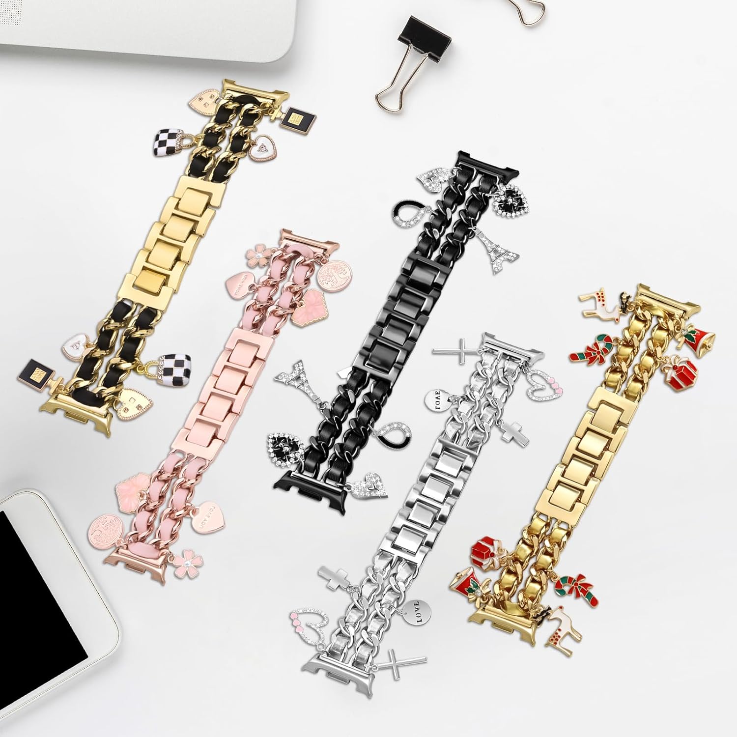 Stylish Metal Bands Compatible with Samsung Galaxy Watch 8 40mm 44mm/Galaxy Watch 8 Classic 46mm,Adjustable Double Chain Strap with Decorative Charms Accessories for Women - Image 5