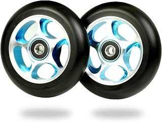 100mm Re-Entry Pro Stunt Trick Kick Scooter Wheels (Pair) - For Small Scooters - Freestyle Speed Urethane - Fits Most Setups - 24mm x 100mm - Bearings Installed - 90 Day Warranty (Black/Blue)