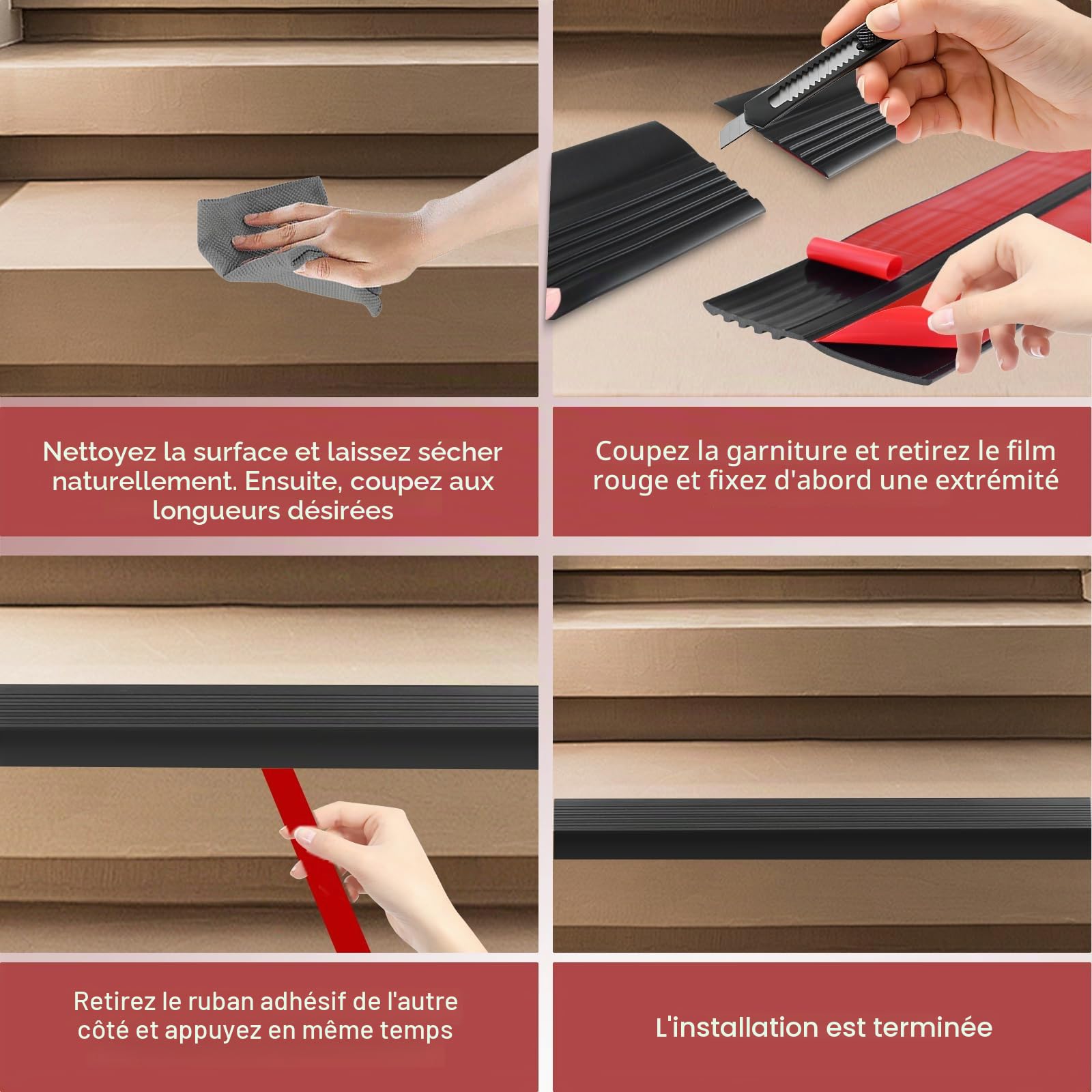 Nez d'escalier antidérapant en vinyle auto-adhésif, marches en PVC flexible pour intérieur et extérieur, imperméable et résistant à l'usure (5 + 4,8 x 12 m et noir)