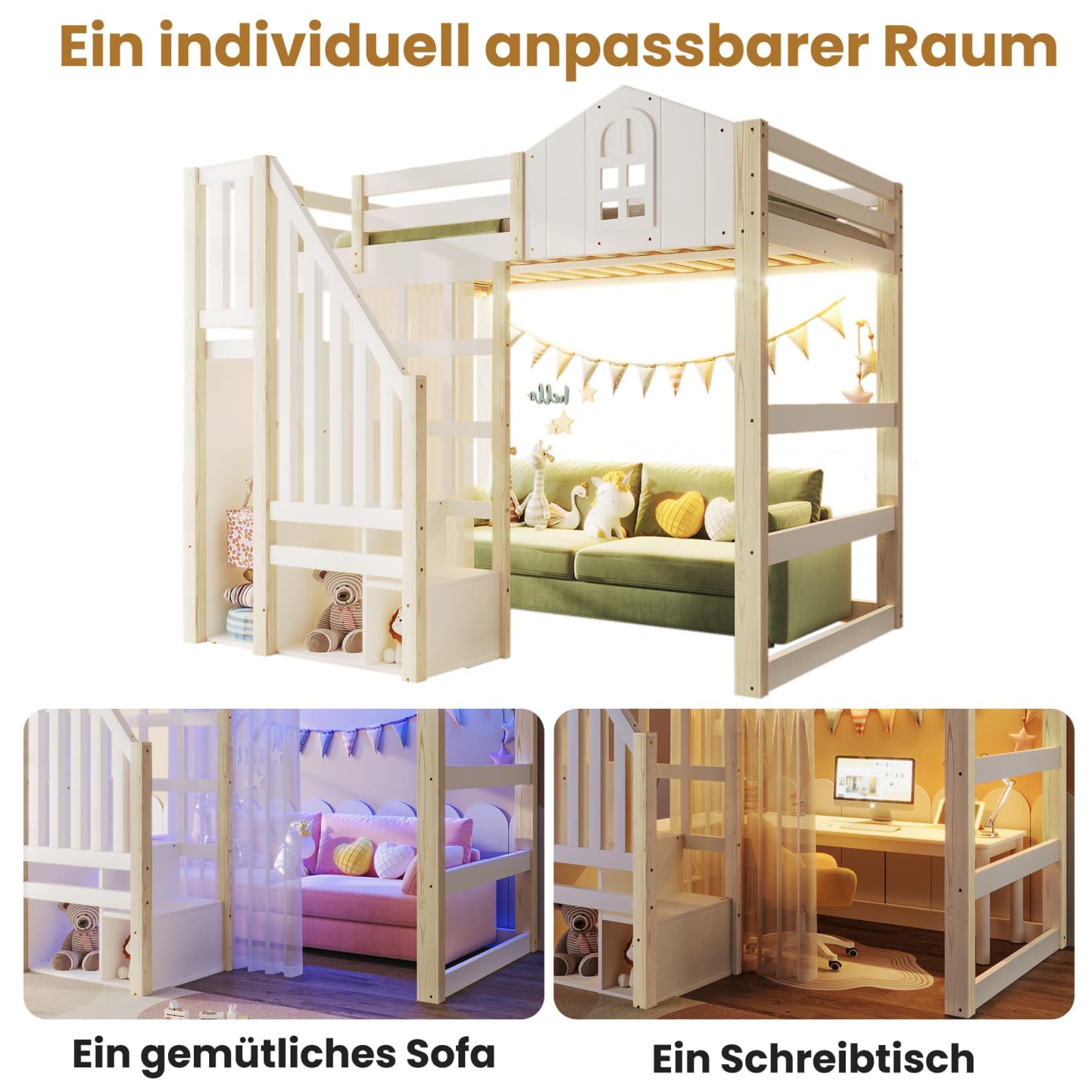 Lit Mezzanine 2 Places 140x200cm,Lit Cabane Enfant avec éclairage LED Réglable,Échelle de Rangement,Rideau en Gaze,Haute Barrière de Type Cabine,pour Enfants Adolescents (Blanc, 140x200)