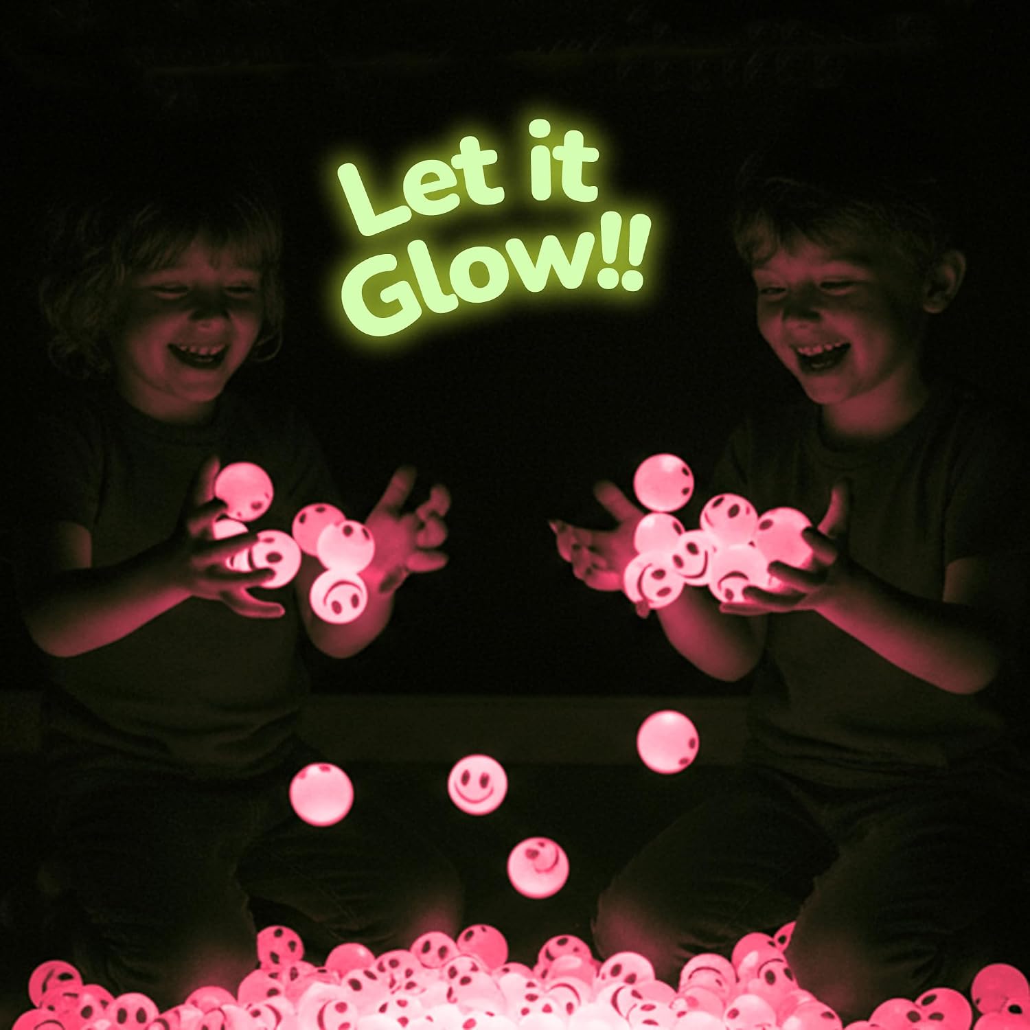 ArtCreativity 36 PCS Pink Glow in The Dark Smile Face Bouncing Balls - Bulk Pack of 36-1 Inch High-Bounce Bouncy Balls for Kids, Glowing Party Favors and Goodie Bag Fillers for Boys and Girls