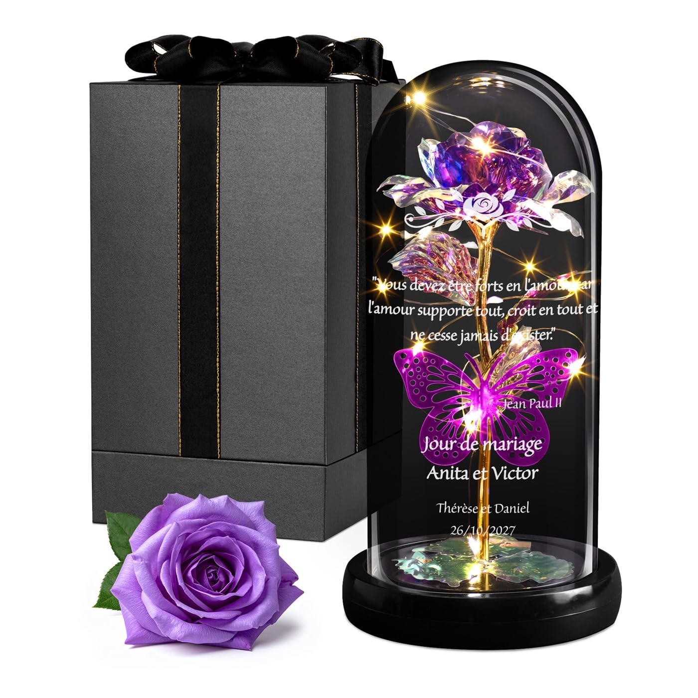 Rose éternelle sous cloche LED Maverton : le cadeau personnalisé pour la Saint-Valentin
