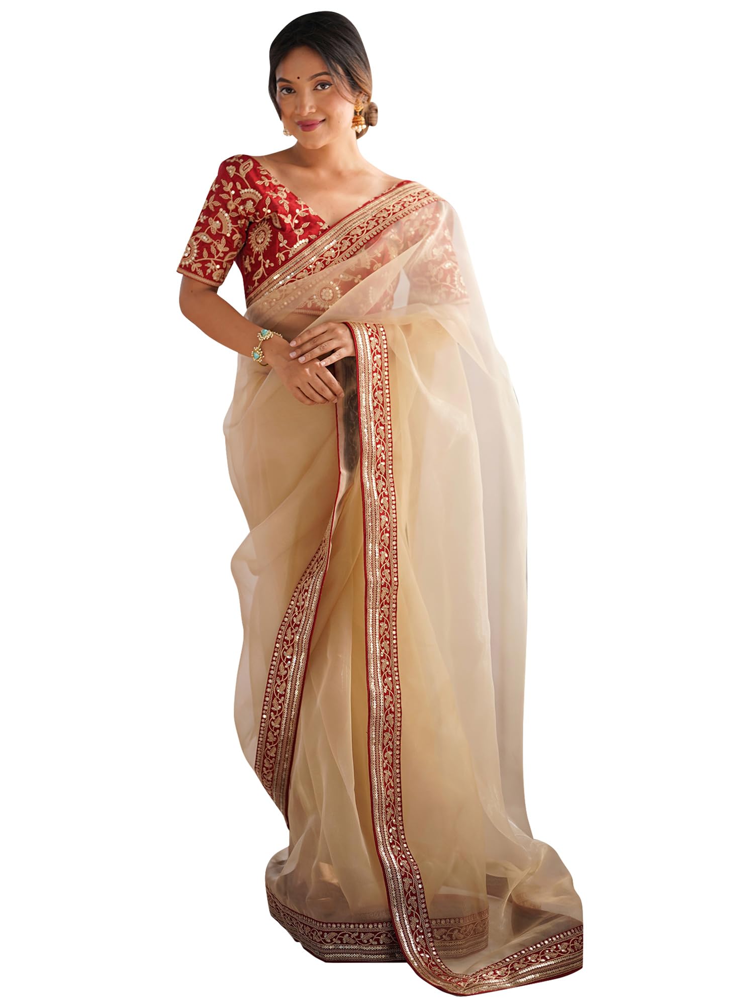 akhilam Women's Cream Organza Solid Saree With Unstitched Blouse Piece (RADHA1101_RX)-picture-14