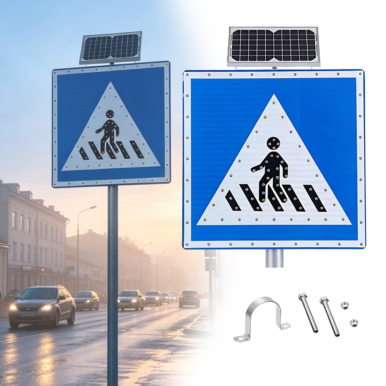 Señales Solares de Tráfico para Peatones, Señal de Cruce de Peatones LED, Visible 500 m, IP65 Resistente Agua, Estructura de Aluminio, para Pueblos y Zonas Suburbanas(24")