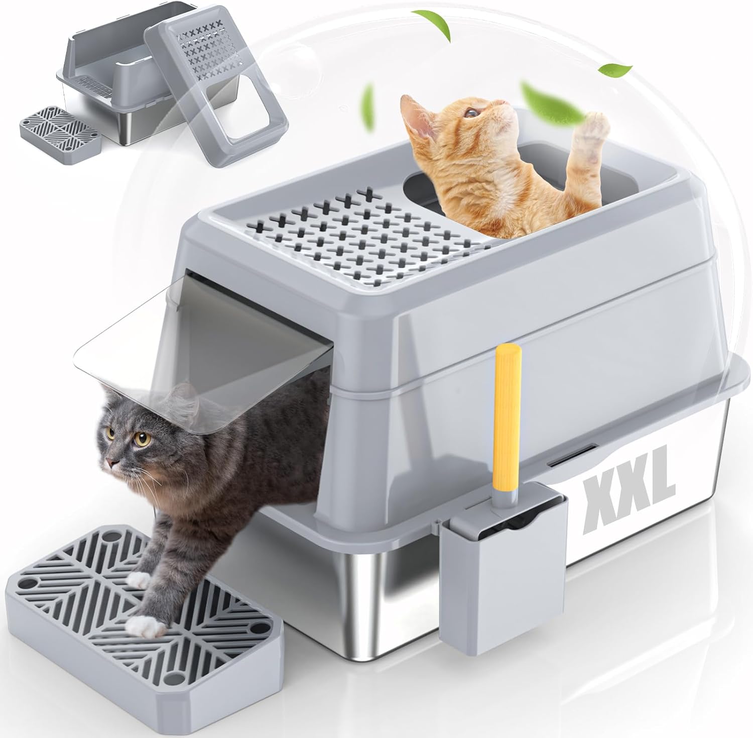 EPN Stainless Steel Cat Litter Box with Lip, XXL Extra Large Enclosed Removable Metal Litter Box for Big Cats, High Sided Enclosure, Scoop & Footboard, Leak-Proof, Odorless, Easy to Clean(Light Grey
