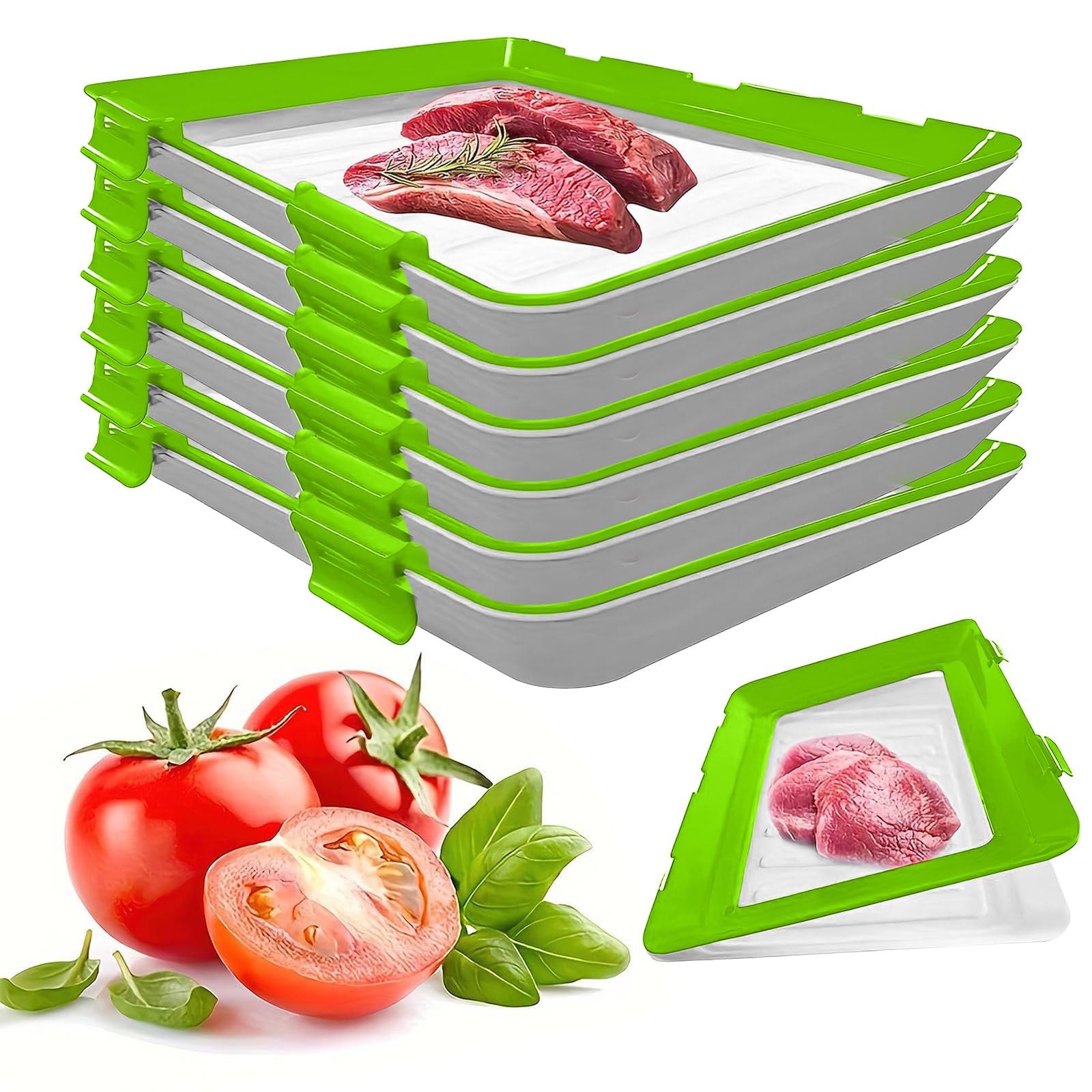 Ysinobear 6Pcs/B Vacuum Fresh Storage Tray,Reusable Creative Food Storage Container, 12X8.6 Stackable Food Preservation Tray With Elastic Lid With Buckle For Vegetable Fruit Meat Fish ()