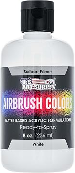 U.S. Art Supply White Surface Primer Airbrush Paint, 8 oz - Acrylic Primer Paint, Ready-To-Spray, Water-Based Acrylic Polyurethane for Miniatures, Models, Plastic, Metal, Wood, Canvas, 3D Prints