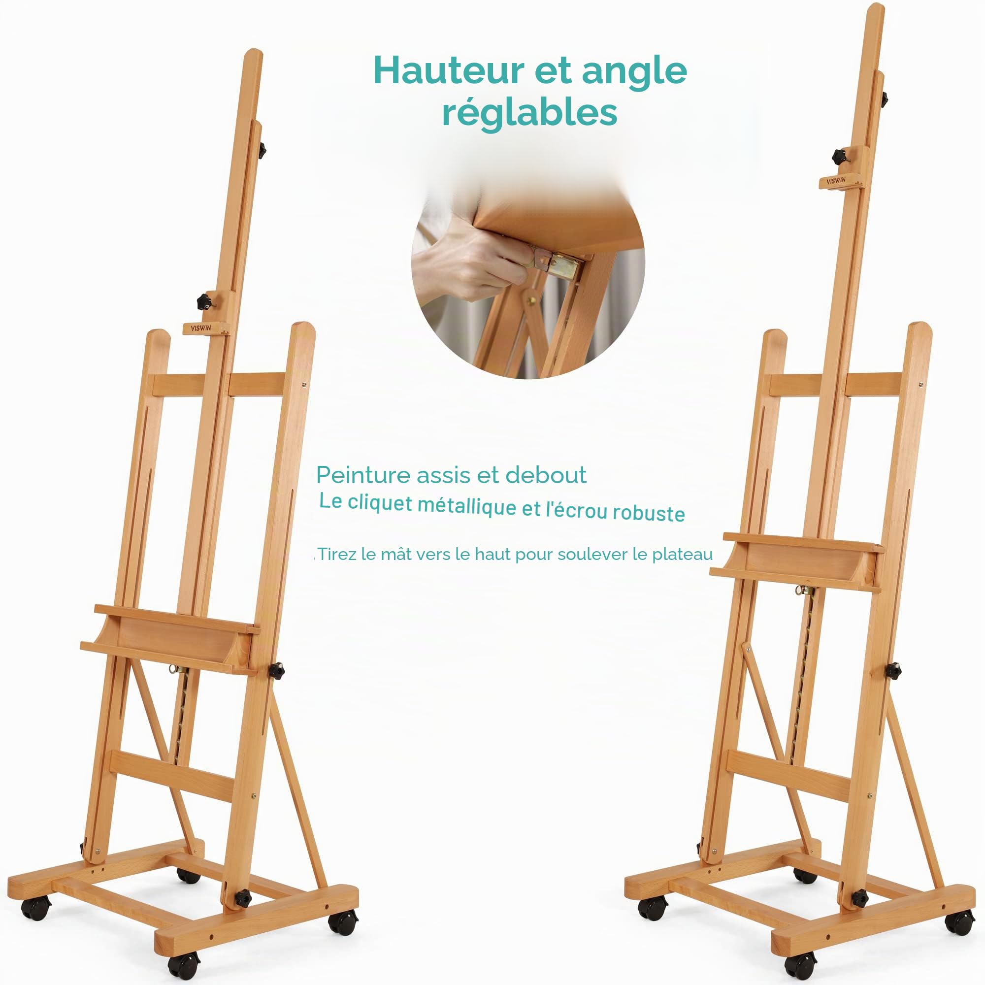 VISWIN Chevalet Peinture en H Élargi, Chevalet Grand et Réglableen Bois de Hêtre avec 4 Roues & Plateau, Chevalet Professionnel d'Atelier pour Adultes, Artistes
