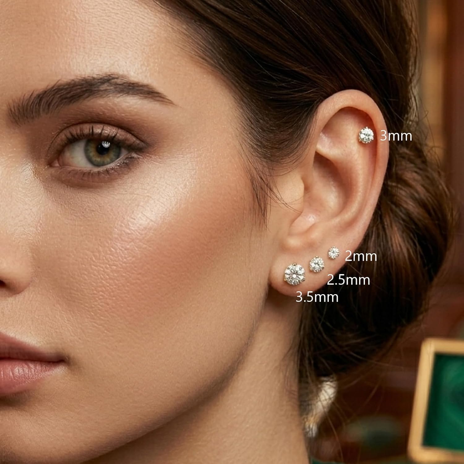SYLWIA 14K Real Gold Lip Rings Stud, 16g Threadless Push in Ashley Piercing Lip Jewelry, Diamond CZ - 2mm 2.5mm 3mm, 18g Nose Conch Helix Tragus Labret Stud for Women Men
