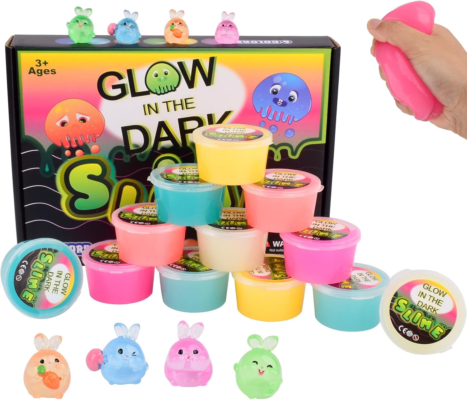 Glow in The Dark Slime Kit 6 Pack, Neon Blue, Green, Pink, Yellow Colors, Non Sticky, Glowing Galaxy Slime Kit for Kids, Kids Party Favors, Goody Bag Fillers, Stress Relief Toys, Holiday Supplies