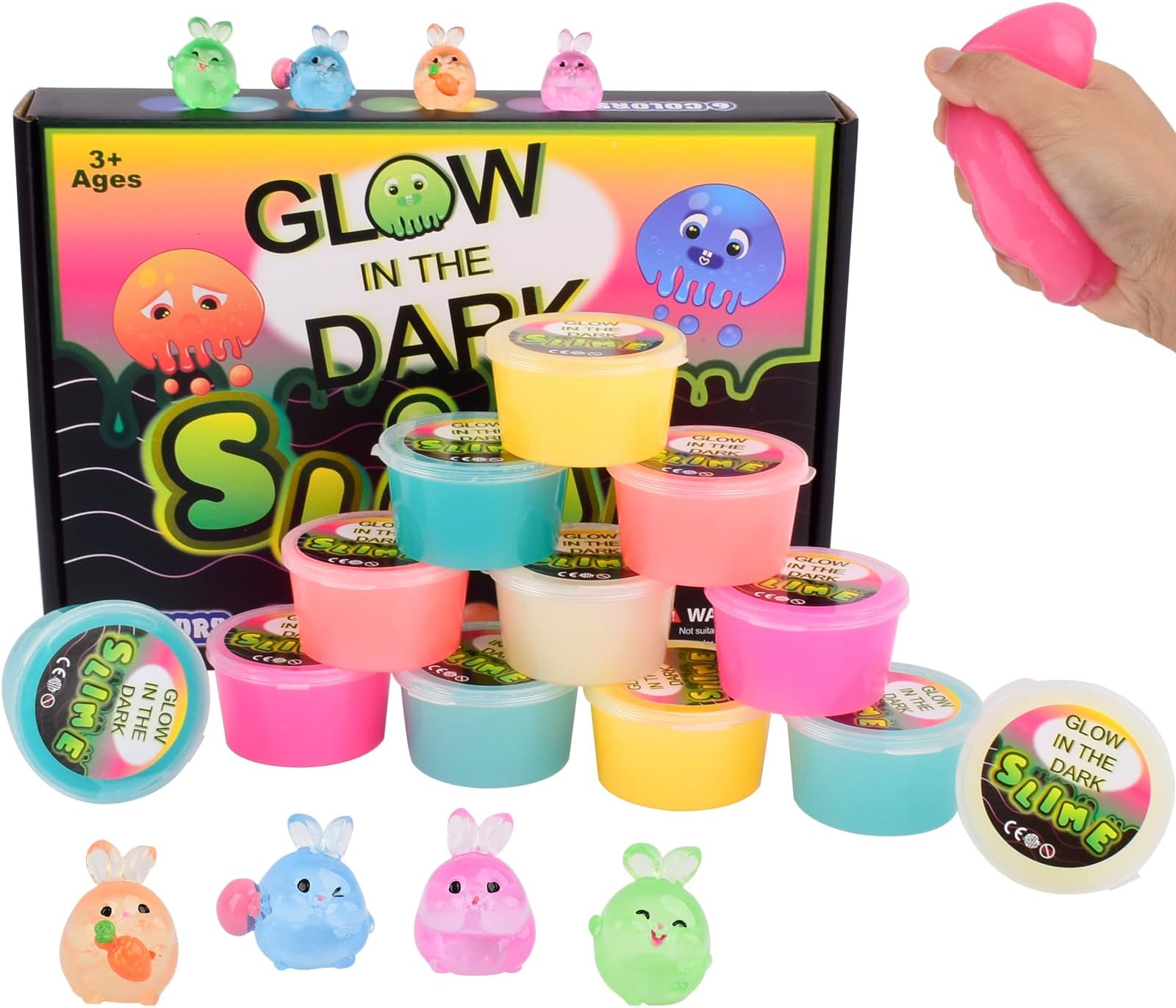 Slime Party Favors, Glow in The Dark Slime 12 Pack, Non-Sticky, Mess-Free, Neon Blue Green Pink Yellow Colors Bunny Slime Kit, Perfect Easter Basket Fillers, Birthday Gifts, Classroom Rewards