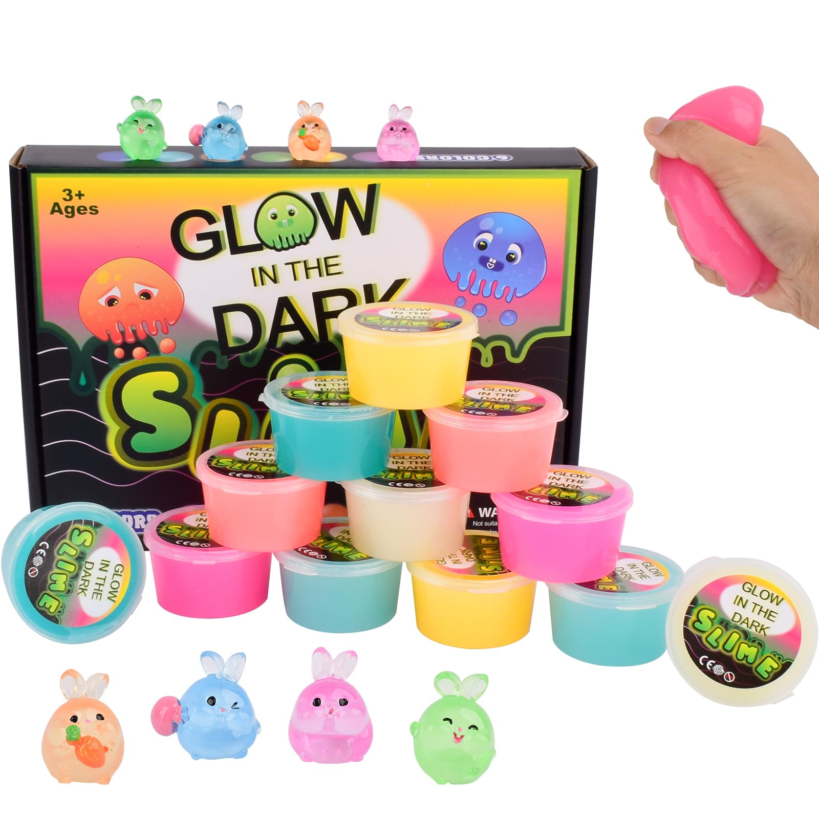 Glow in The Dark Slime Kit 12 Pack, Non-Sticky, Mess-Free, Neon Blue Green Pink Yellow Color Bunny Themed Slime Toy, Perfect Easter Basket Stuffers, Birthday Gifts, Classroom Rewards