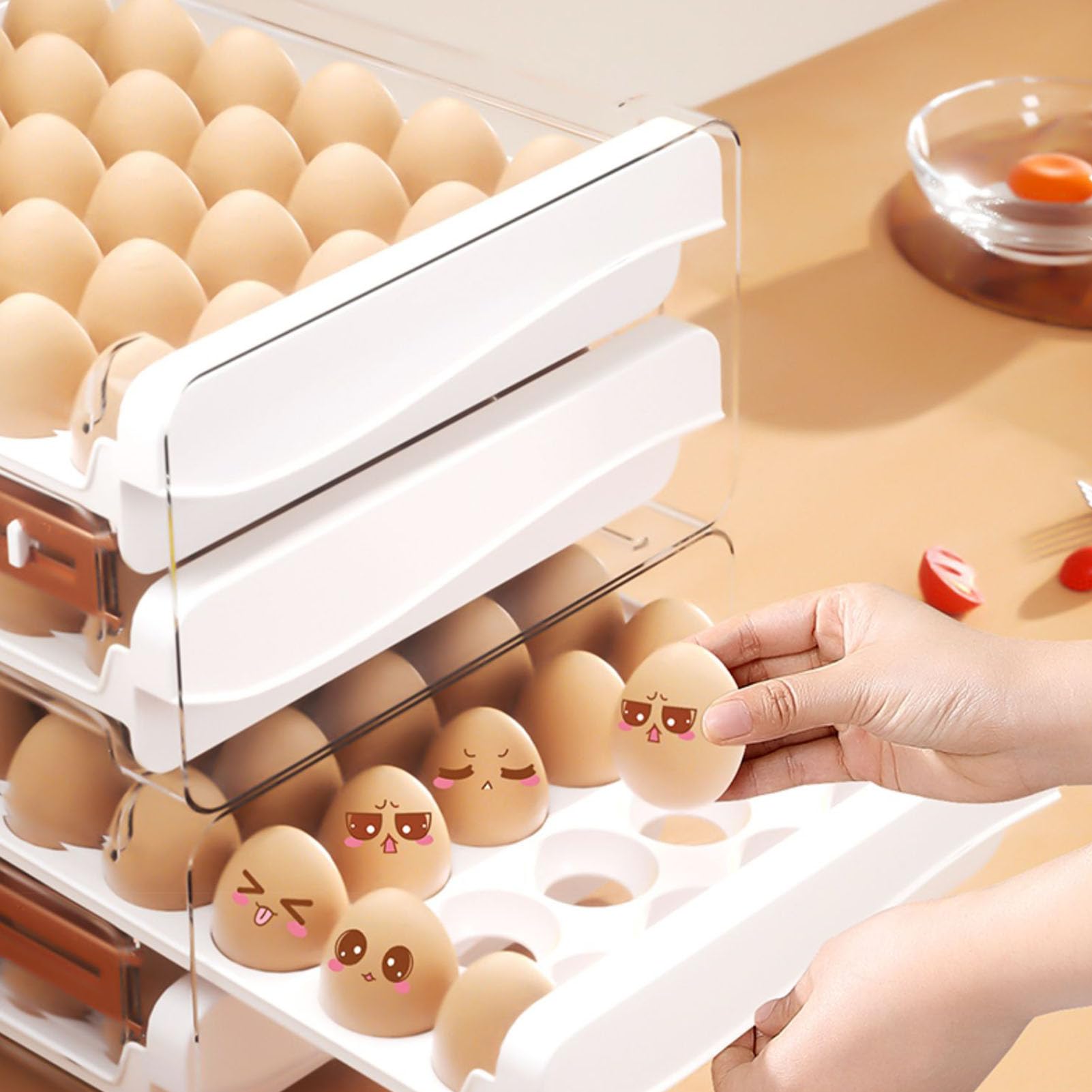 Frigorífico para huevos de cocina, organizador de nevera, cajones transparentes irrompibles de plástico, recipiente para huevos, organizador de nevera