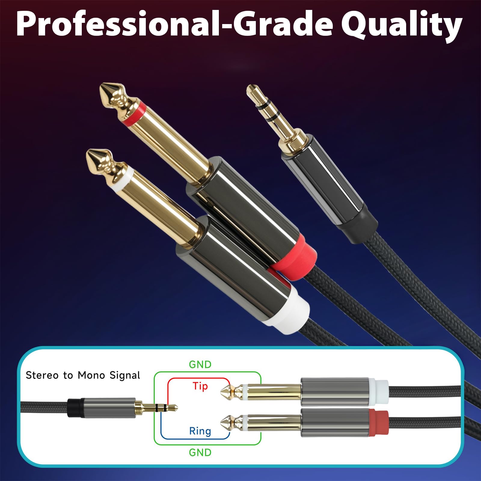 Cyberguys! Câble audio stéréo 3,5 mm vers double 1/4, TRS 1/8 vers double 1/4 TS, câble adaptateur tressé doré, câbles stéréo de 3,5 mm pour mixeur, moniteur de studio, amplificateur, haut-parleur
