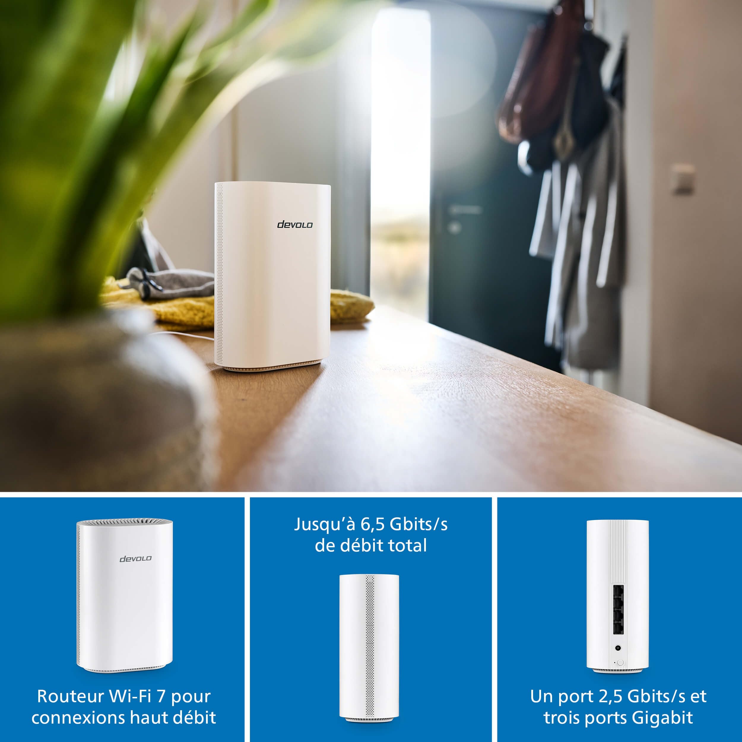 devolo WiFi 7 BE6500 Router, Le routeur Wi‑FI pour la Fibre et Les connexions câble, Jusqu’à 6.500 Mbit/s, connectivité LAN 2,5 Gbit/s, Blanc
